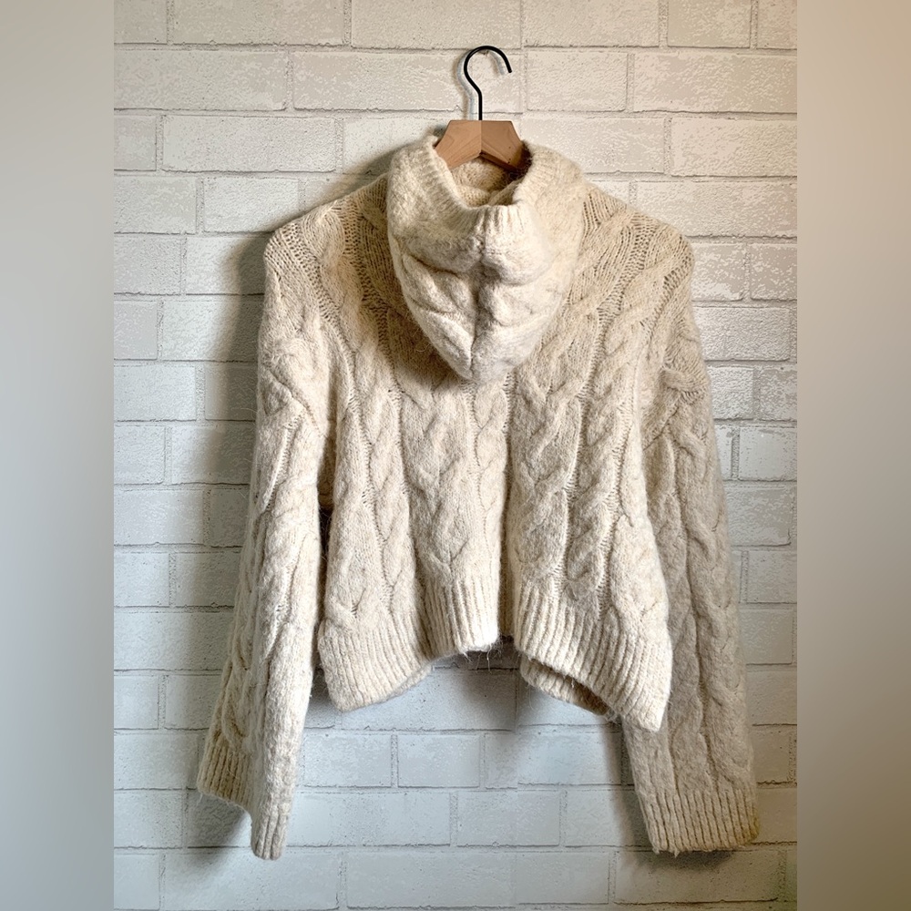 Zara Cream Cable Knit Cropped Acrylic & Wool Blend Cowl Neck Hooded Sweater - Picture 3 of 5